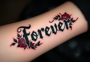 The word "forever" in black gothic font, bordered by dark crimson roses and ivy. tattoo idea