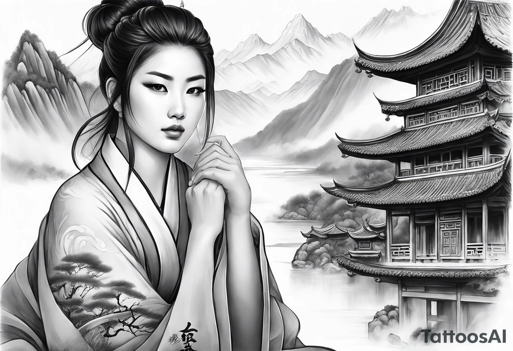 forearm sleeve traditional chinese art painting style autumn mountains mist fog water Chinese temple female with pony tail wearing robes seated meditating in the background tattoo idea