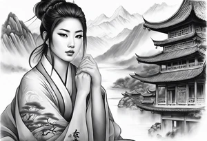 forearm sleeve traditional chinese art painting style autumn mountains mist fog water Chinese temple female with pony tail wearing robes seated meditating in the background tattoo idea