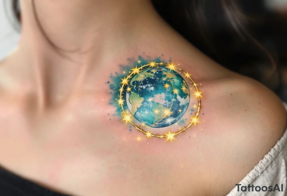 A hyper-realistic globe in ocean blue and emerald green is wrapped in a ring of glowing golden stars. tattoo idea