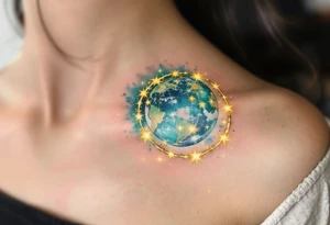 A hyper-realistic globe in ocean blue and emerald green is wrapped in a ring of glowing golden stars. tattoo idea