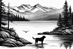 Long narrow tattoo for arm. Lake with wind swept pine in foreground. Dock going out into the lake from the shore. Mastiff silhouette on shore. Hills on far side of lake tattoo idea