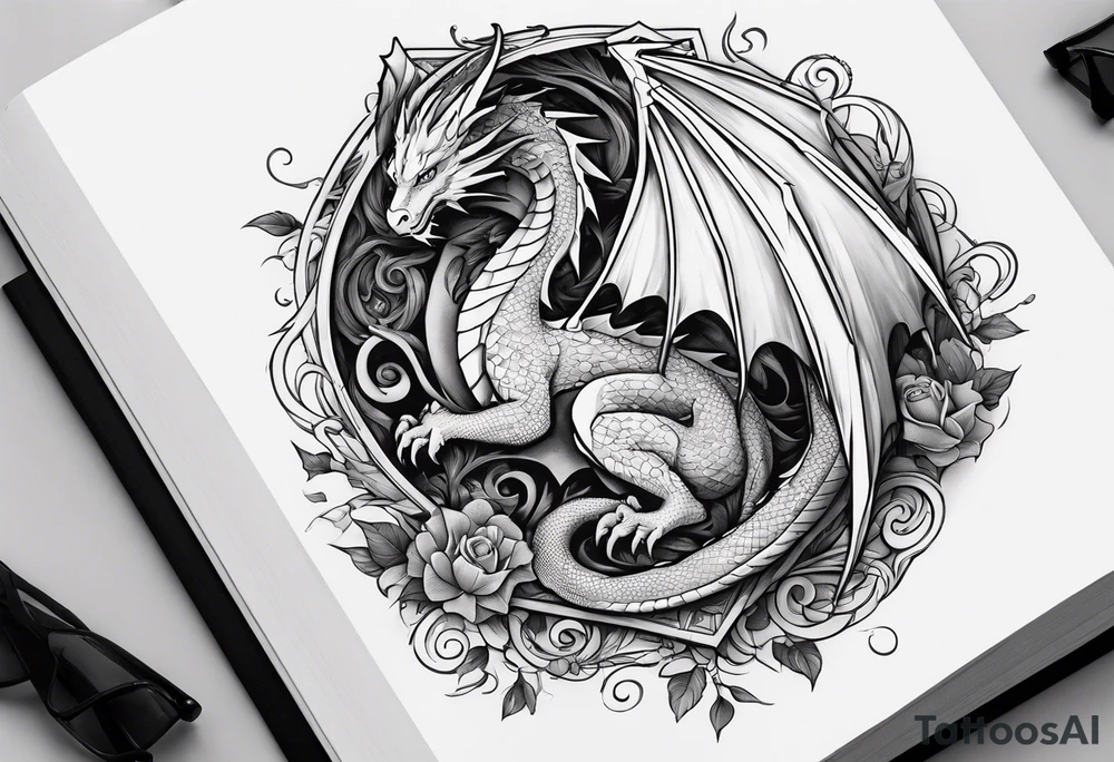 An open book with a dragon from First Wing curled up and resting underneath it. tattoo idea