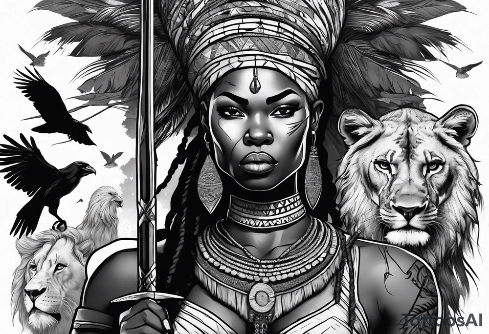 African woman warrior holding a spear with a mean look on her face with birds in the background and lion tattoo idea