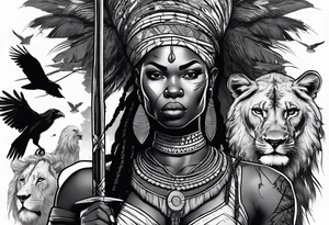 African woman warrior holding a spear with a mean look on her face with birds in the background and lion tattoo idea