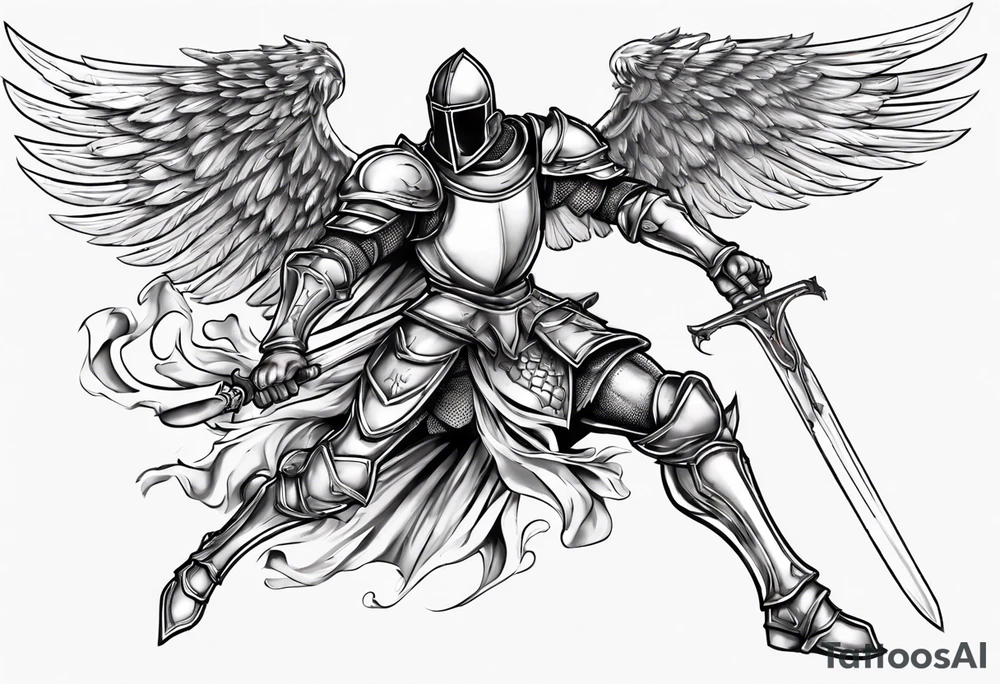 A Winged Paladin Knight in mid-air with his sword about to attack. tattoo idea