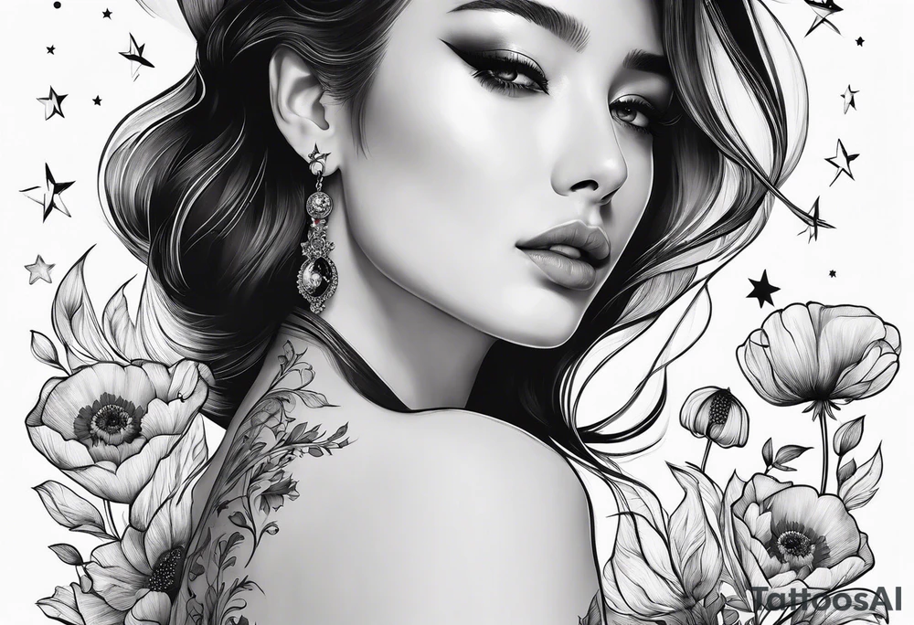 fine line vertical spine tattoo with stars, moon, clouds, poppy dainty tattoo idea