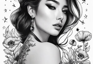 fine line vertical spine tattoo with stars, moon, clouds, poppy dainty tattoo idea