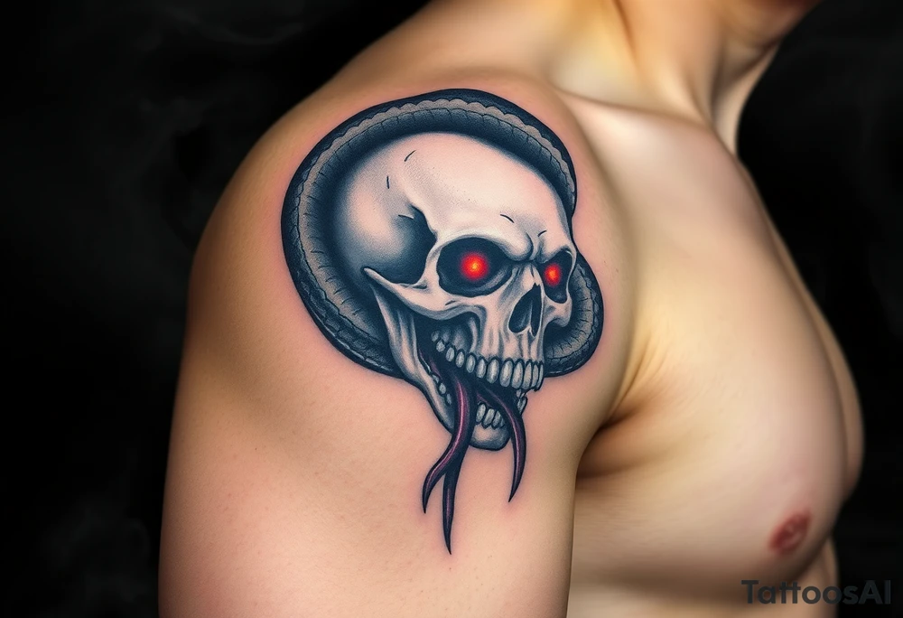 The Dark Mark, with the snake wrapped around the skull, stands out against a smoky, shadowy background. The skull has glowing red eyes, and the serpent’s tongue is dripping with dark, inky venom. Black and grey with hints of deep crimson for the eyes and serpent’s venom. Subtle touches of green and purple for the smoke. tattoo idea