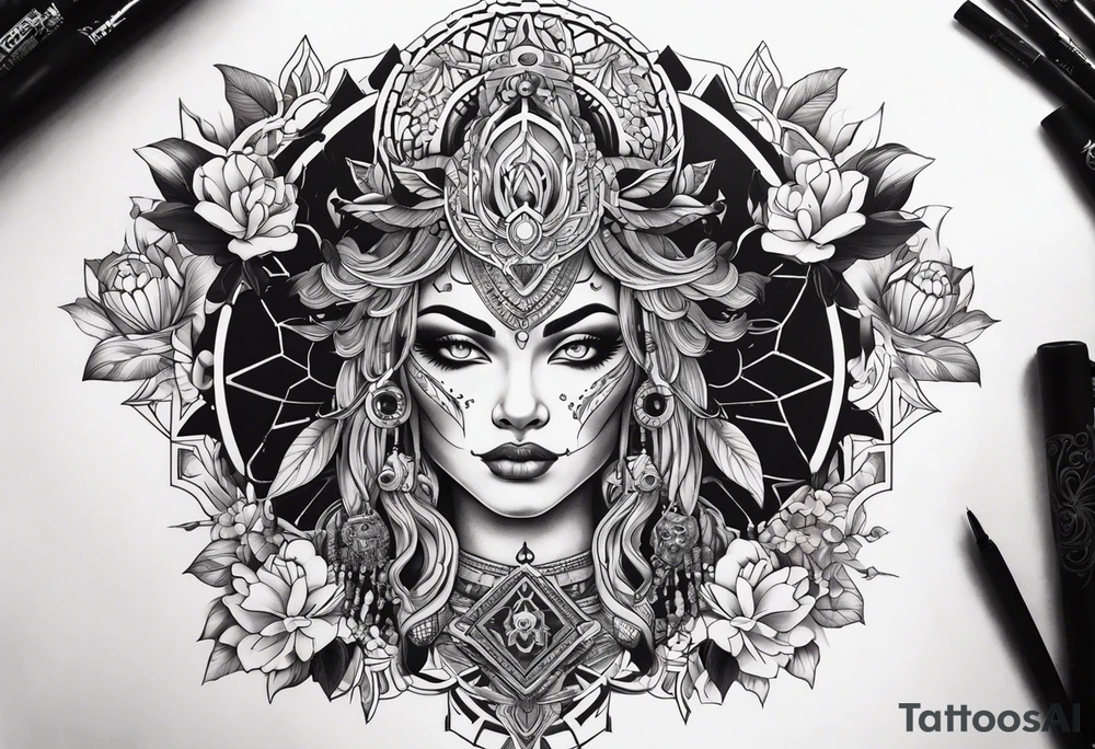 kali ma, alien goddess, valkrye, aries, pirate, divine feminine, zenza resonance, pachamama, lotus azul, blank panther, eagle, skull, 5D, nueva gaya, dna 12, left side chest tatoo tattoo idea