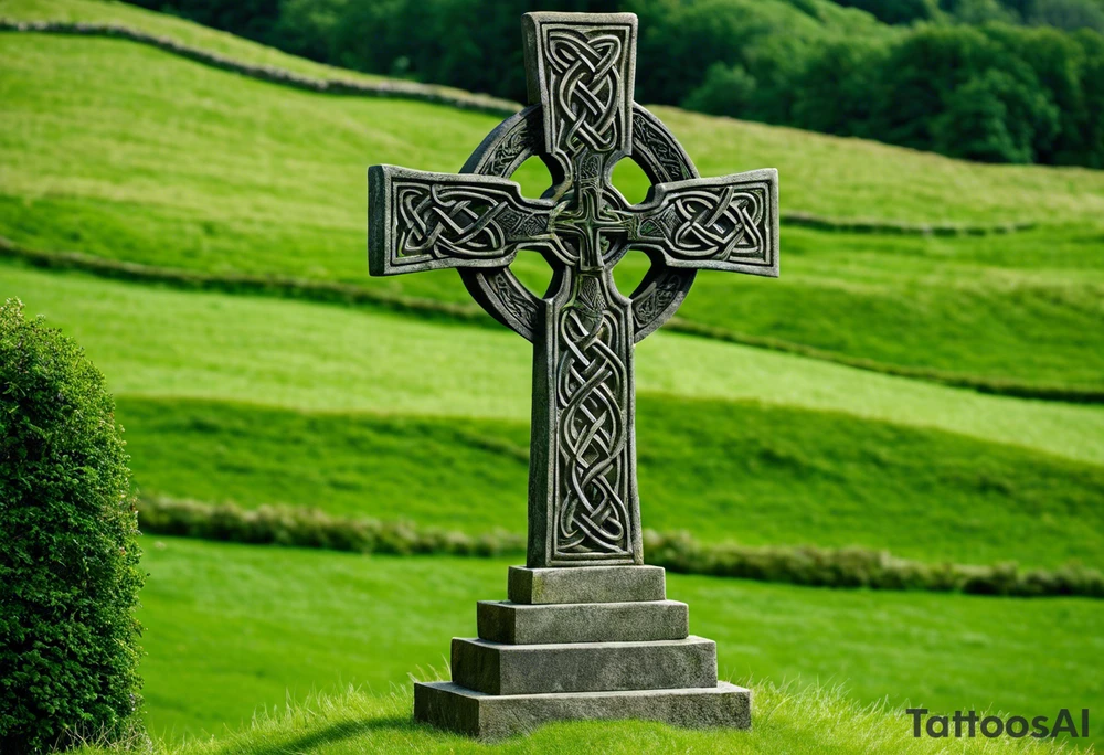 A large, weathered stone Celtic cross standing proudly atop a lush green hill, its four arms stretching skyward. The cross is intricately carved with intertwining knots and spirals, reflecting the artistry of the ancient Celts. A large raven sits perched at the intersection of the cross's arms, its ebony feathers gleaming in the soft light. The bird's eyes seem to hold a wisdom beyond its years, as if it has been witness to countless generations come and gone. tattoo idea