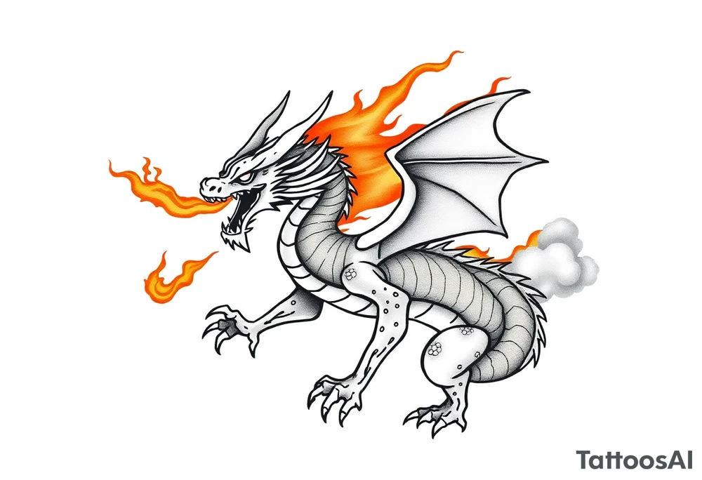 fierce dragon breathing iridescent fire against stormy skies tattoo idea