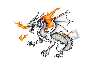 fierce dragon breathing iridescent fire against stormy skies tattoo idea