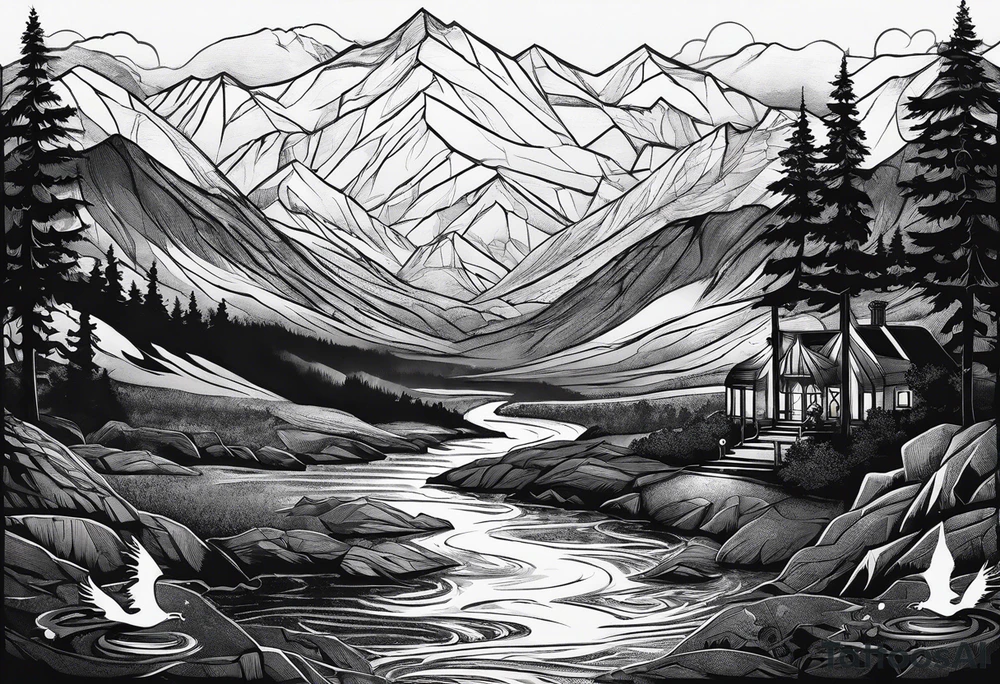 Books, chessboard with king and queen piece, background in a mountain night time landscape tattoo idea