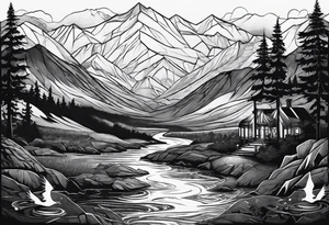 Books, chessboard with king and queen piece, background in a mountain night time landscape tattoo idea
