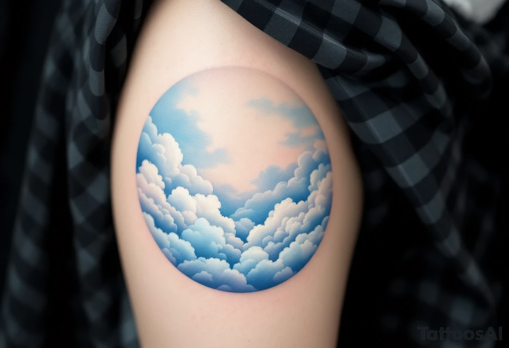 A pale blue circle with soft cloud textures inside, representing calm and open skies. tattoo idea