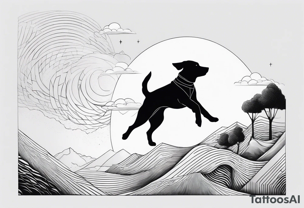 dog in the air facing woman and trying to reach her hand and woman as her back facing us tattoo idea