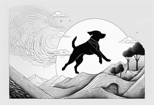 dog in the air facing woman and trying to reach her hand and woman as her back facing us tattoo idea