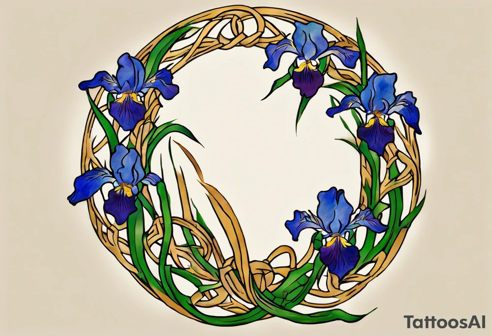 Create a small thick colorful Vincent van Gogh Irises tattoo , with vines in Celtic knots gracefully intertwining at a central point in the middle of the wreath.  The intended placement is on the upper chest. The overall design should be small in size while maintaining a delicate and artistic aesthetic. Pay attention to the graceful flow of the vines and the placement of the irises to achieve a refined and elegant look. Mountains need to be inside the design tattoo idea