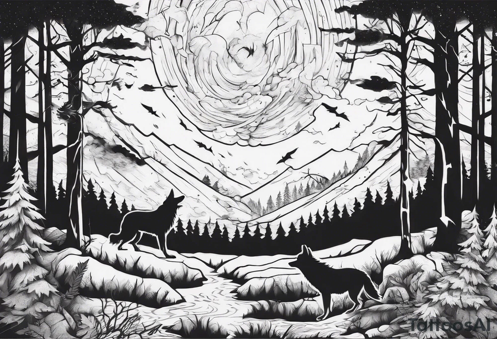 a thunder and lightning storm over a forest with a distant wolf howling and a drum circle tattoo idea