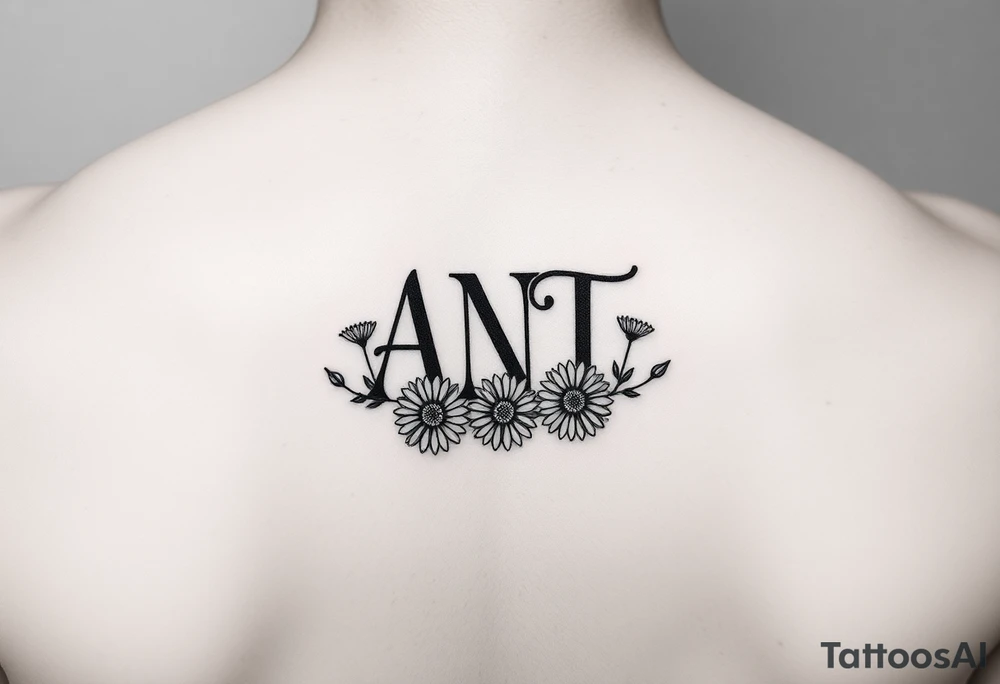Small Fine line design monogram with overlapping letters A,N,T  with daisies tattoo idea