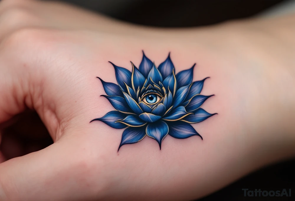 A deep indigo lotus flower with a central eye and subtle gold highlights around the petals. tattoo idea