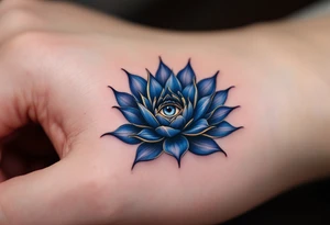 A deep indigo lotus flower with a central eye and subtle gold highlights around the petals. tattoo idea