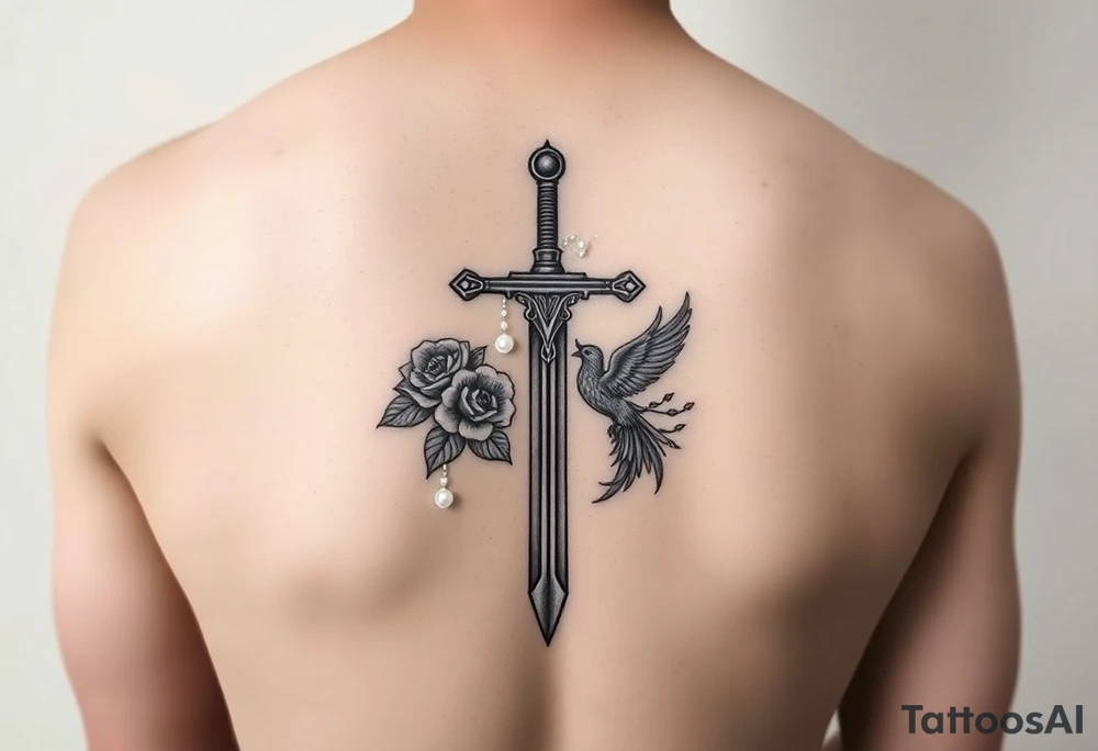 Cross sword on arm darkened in with roses pearls on the sword and a small phoenix rising from the ashes feminine tattoo idea