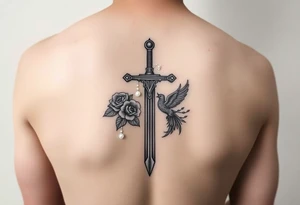 Cross sword on arm darkened in with roses pearls on the sword and a small phoenix rising from the ashes feminine tattoo idea