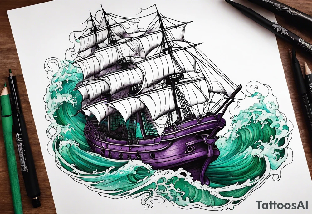 Purple and green kraken blue water brown ship breaking tattoo idea
