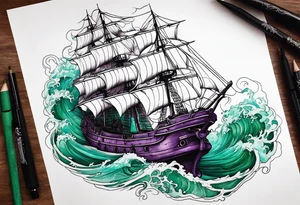 Purple and green kraken blue water brown ship breaking tattoo idea