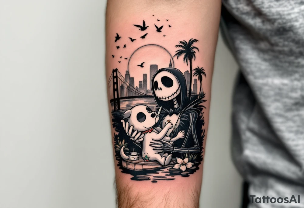 jack skellington with dog,smoking a blunt and fishing,surrounded by city buildings,golden gate bridge, birds, palm trees, tattoo idea