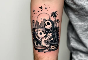 jack skellington with dog,smoking a blunt and fishing,surrounded by city buildings,golden gate bridge, birds, palm trees, tattoo idea