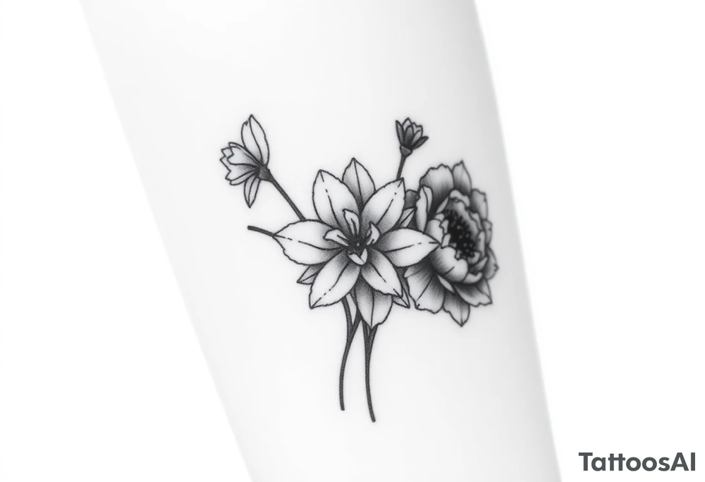 small daffodils, jonquils, chrysanthemum and peony in a bouquet tattoo idea