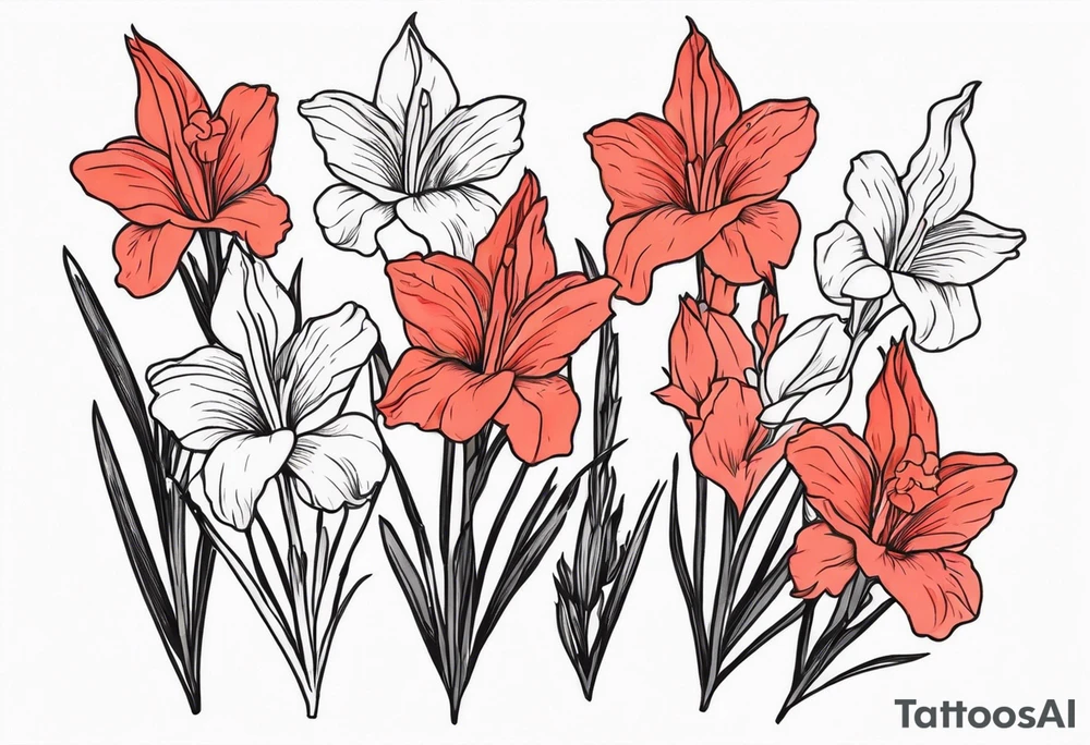 a thin narrow gladiolus with coral-colored flowers with red centers tattoo idea