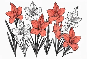 a thin narrow gladiolus with coral-colored flowers with red centers tattoo idea