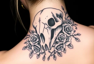 gothic polar bear skull intertwined with climbing roses and thorny vines tattoo idea