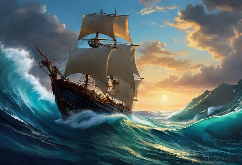Quiero en todo el brazo derecho lo siguiente:

Será un constrante de mar caótico y tranquilo

En la parte del hombro a poseidon con unas olas de mar caotico y un barco con problemas por las olas

En la parte del antebrazo un buceador con una ballena o tiburon en un arrecife de coral, en un mar muy tranquilo tattoo idea