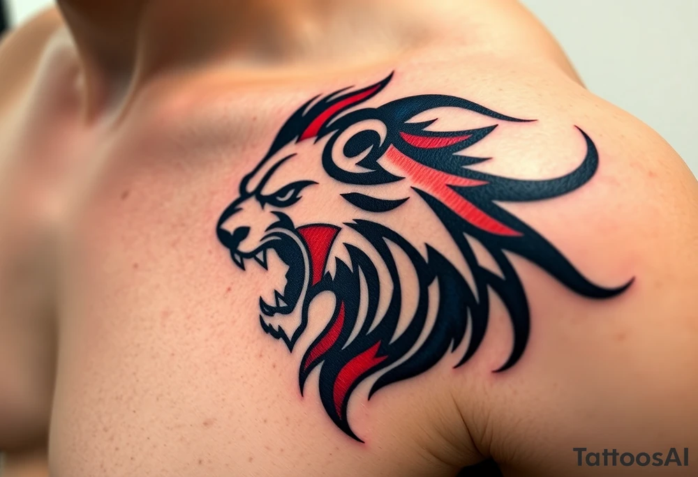 A Czech flag (blue. white and red) morphing into a roaring lion, symbolizing national pride and strength, with deep red, white, and royal blue tones. tattoo idea