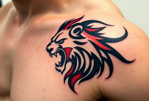 A Czech flag (blue. white and red) morphing into a roaring lion, symbolizing national pride and strength, with deep red, white, and royal blue tones. tattoo idea