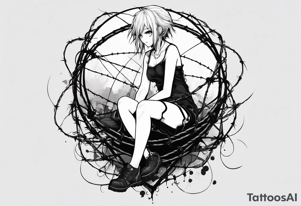 a bleeding anime girl, sitting on a ball, surrounded by barbed wire tattoo idea