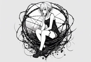 a bleeding anime girl, sitting on a ball, surrounded by barbed wire tattoo idea