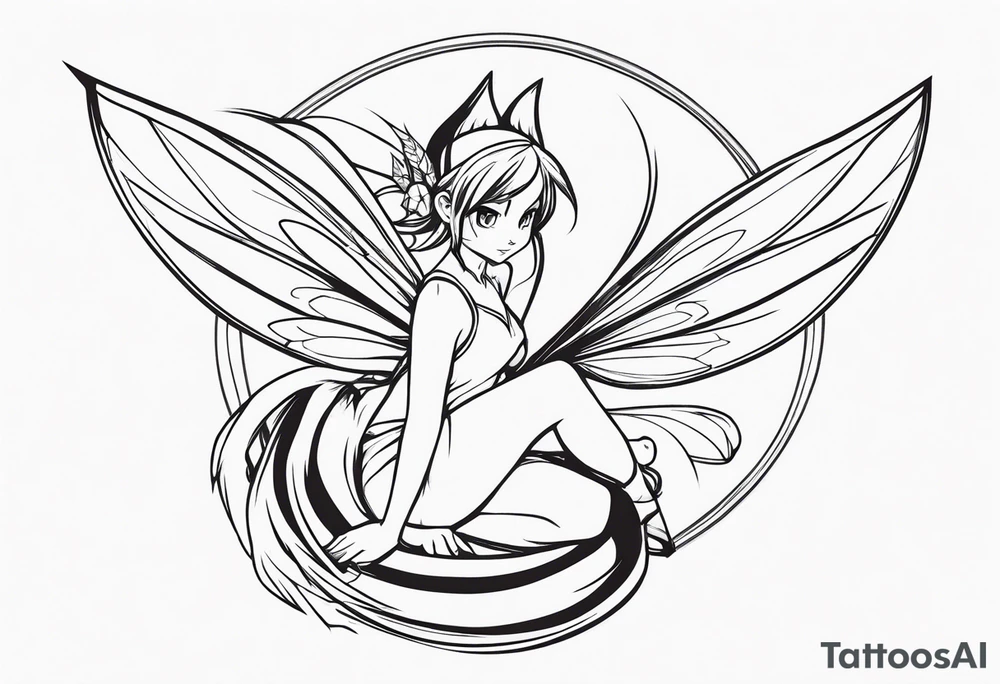 No color sketch of a fairy with a tail inspired by the guild symbol in the anime show called Fairy Tail in a fetal position leaning in and forward while crawled in tattoo idea