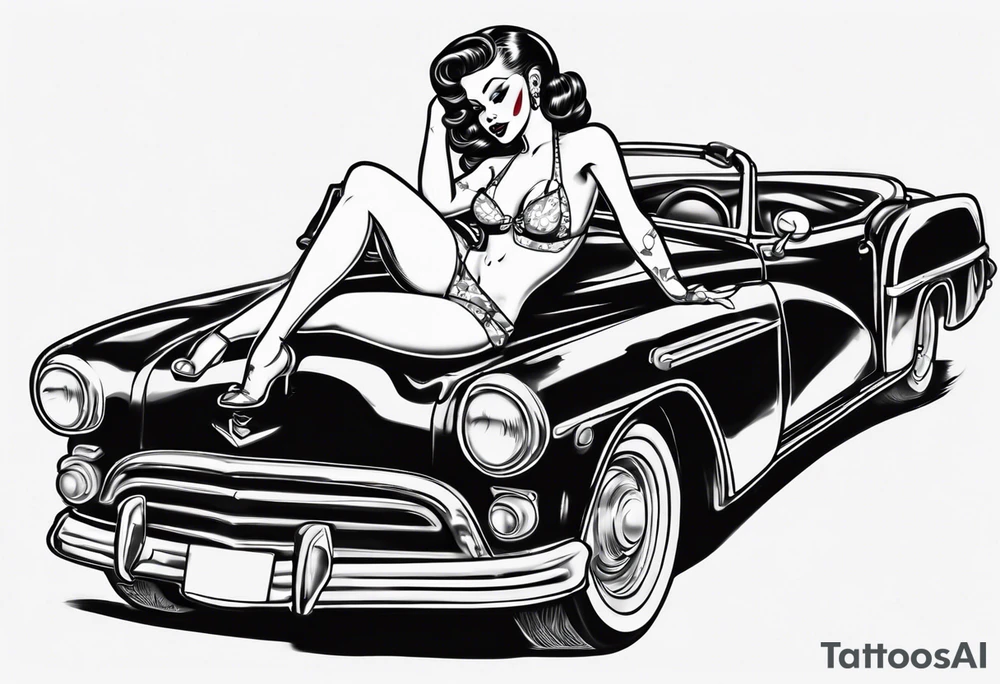 pinup doll laying on the hood of a classic vintage car tattoo idea