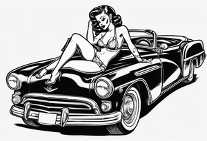 pinup doll laying on the hood of a classic vintage car tattoo idea