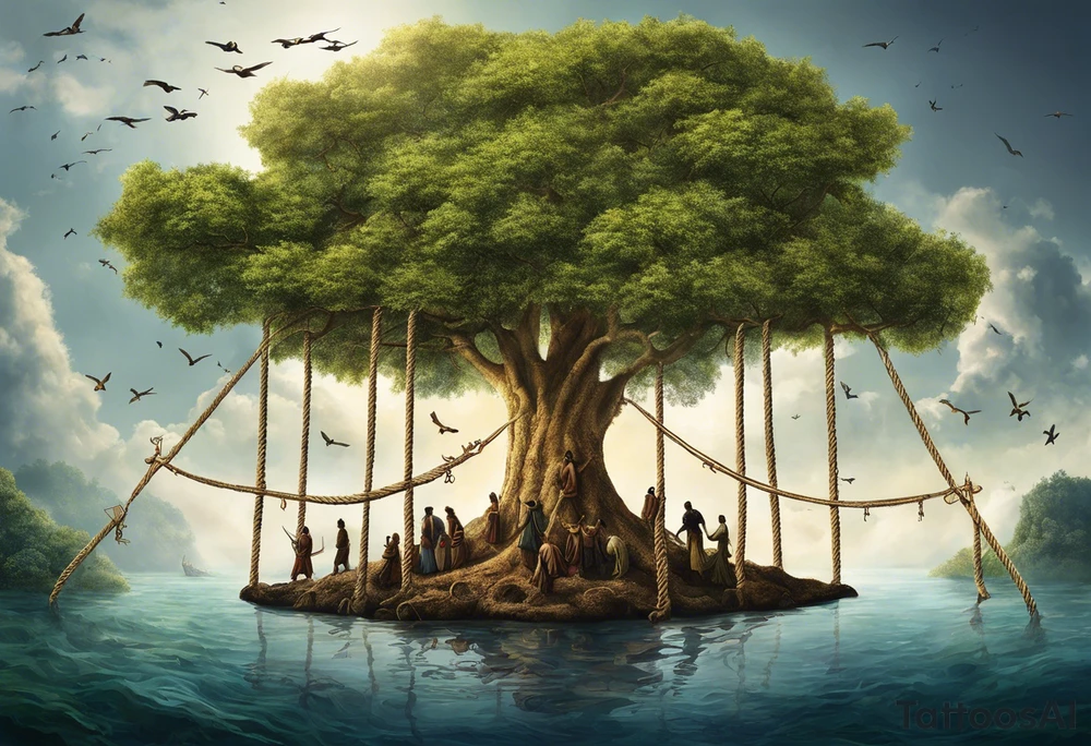 utopia picture of a tree at one level where above the surface is a group of people living in prosperity surrounding a tree. Below the surface the roots of the tree go down and turn into ropes and people are climbing these ropes to try and reach the above the surface. below the people climbing the ropes is hell, wih depicting of war slavery and death. going back to the top, above the tree is a perfection or heaven / nirvana. . include alchemical and occult symbols to depict this journey to enlightenment like religious or astrolligcal symblol. make it a full body tattoo stencil where the top of the tree would be at the chest and the ropes at the legs. tattoo idea