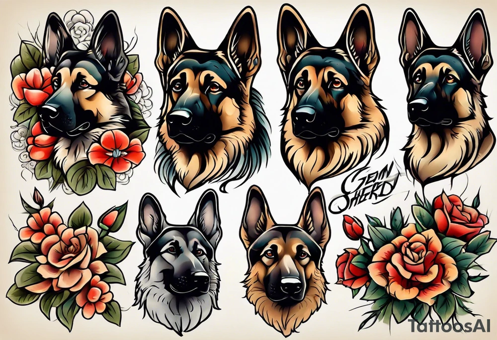 German shepherd portrait traditional flowers tattoo idea