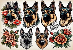 German shepherd portrait traditional flowers tattoo idea