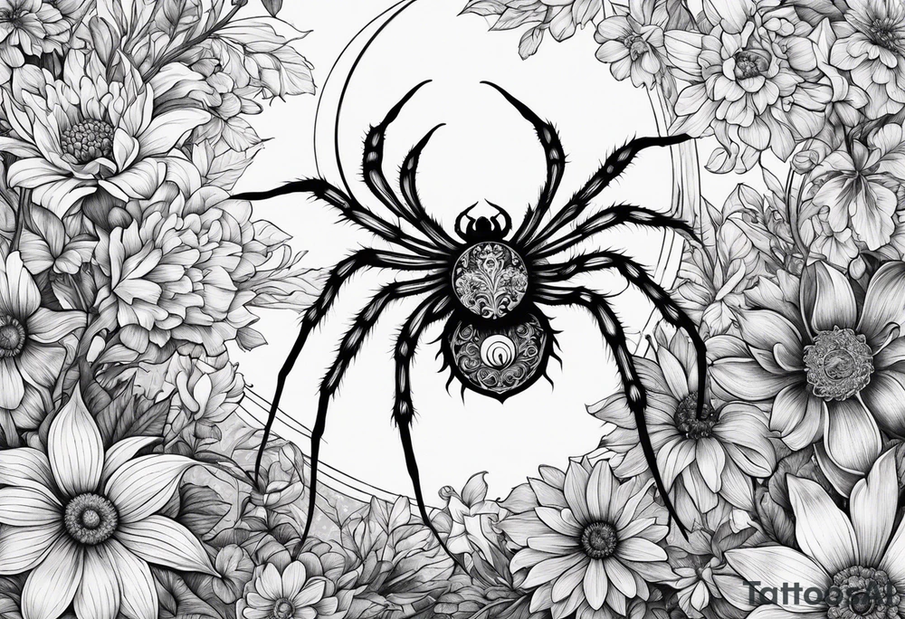 Spider in a garden of flowers with the sun and the moon tattoo idea