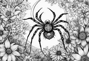 Spider in a garden of flowers with the sun and the moon tattoo idea